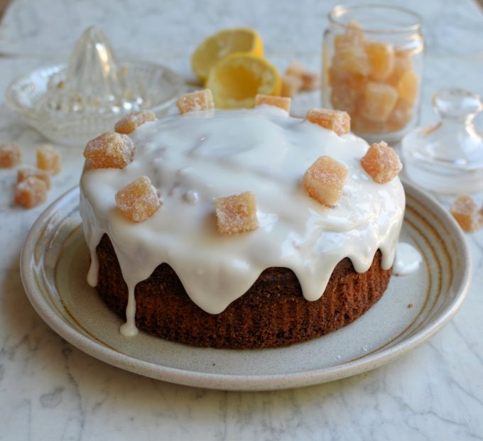 frosted-ginger-cake-with-crystallised-ginger-lavender-and-lovage