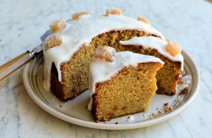 frosted-ginger-cake-with-crystallised-ginger-lavender-and-lovage