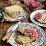Comté Rarebit on Sourdough Toast with Quick Pickled Red Onions